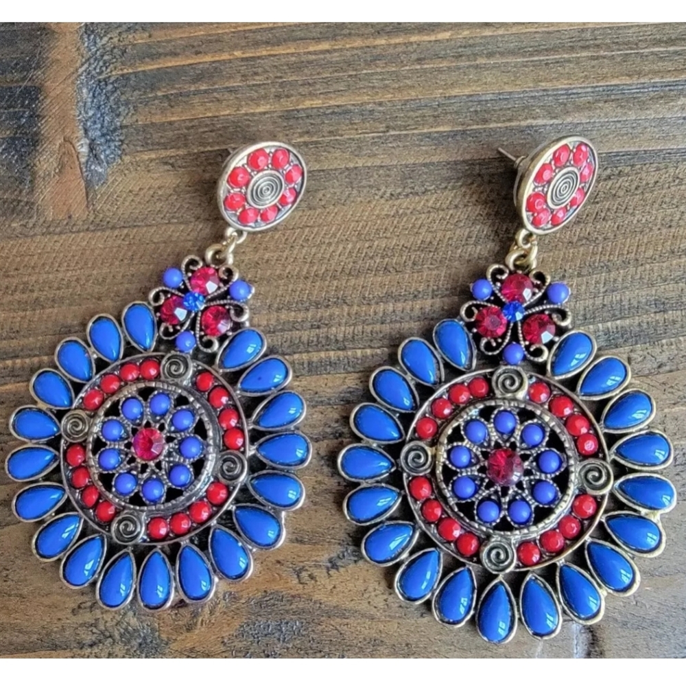 Unique Bohemian South Western Concho Oversized Blossom Dangle Earrings Blue/Red - Picture 1 of 4